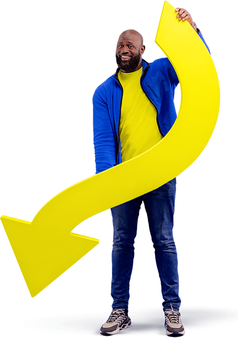 Man in blauw vest met een grote gele pijl