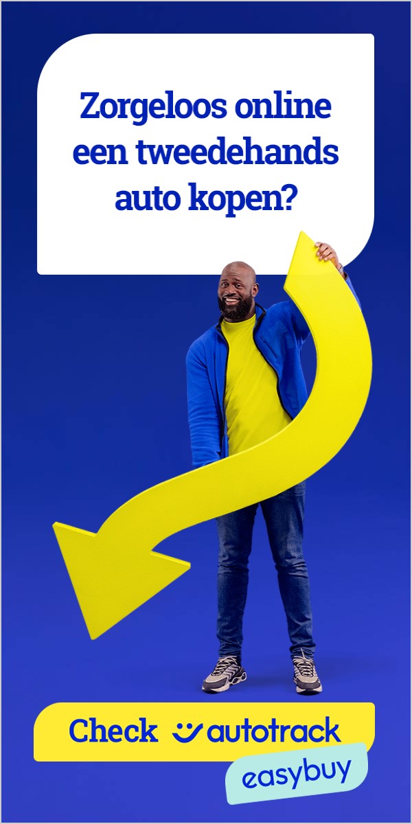 Zorgeloos online een tweedehands auto kopen? Man met gele pijl