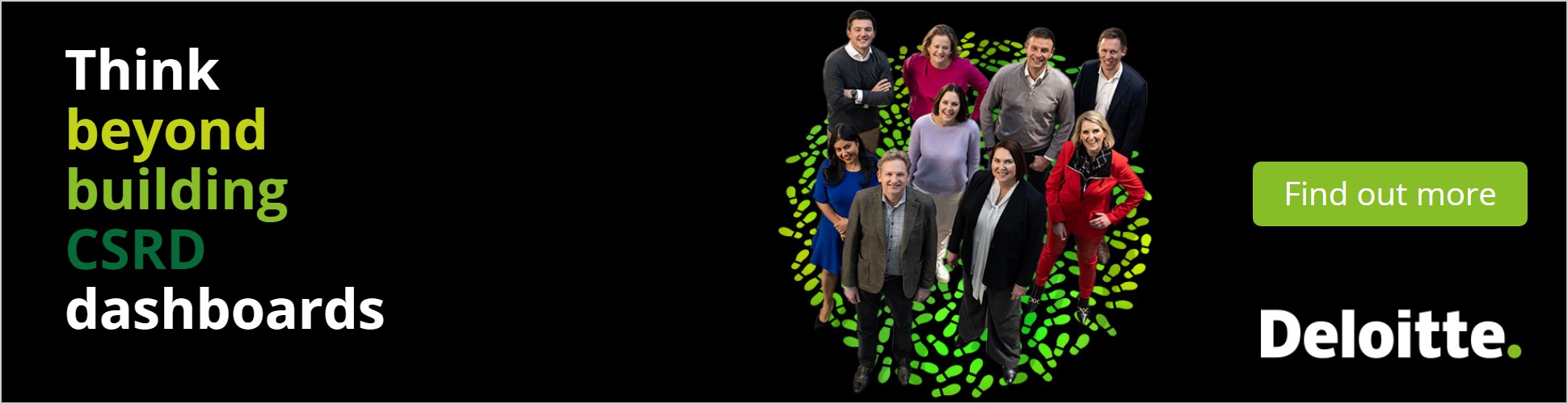 Billboard: Think beyond building CSRD dashboards, met een team in een krans van groene voetstappen
