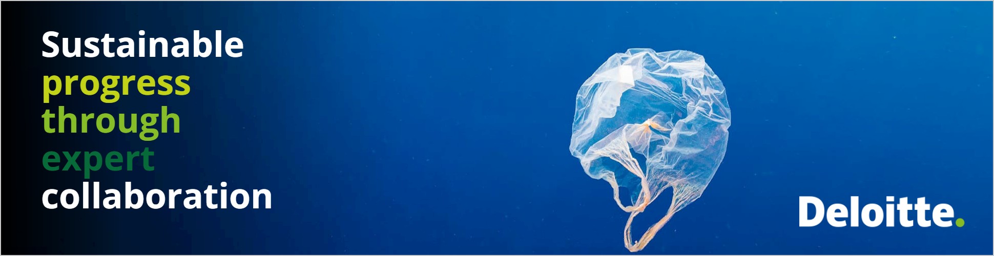 Billboard: Sustainable progress through expert collaboration, met een plastic tas in zee