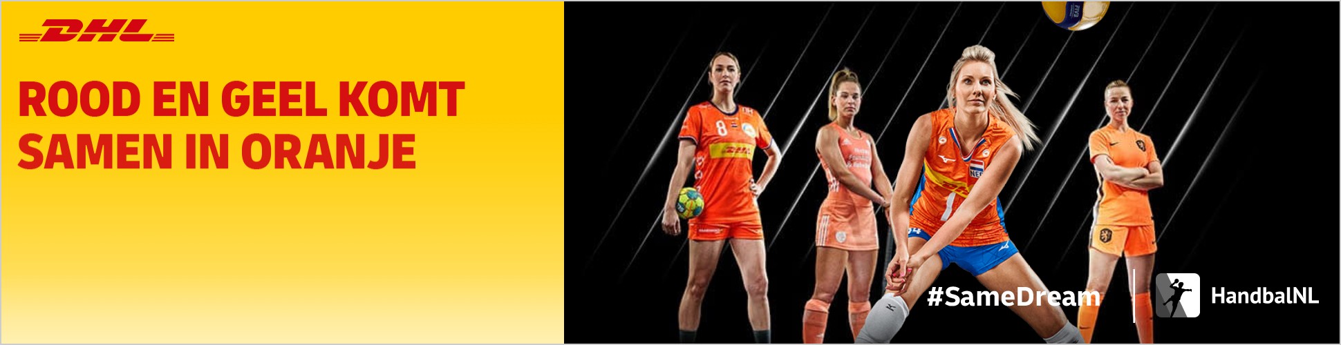 Frame 1: Rood en geel komt samen in oranje, logo HandbalNL