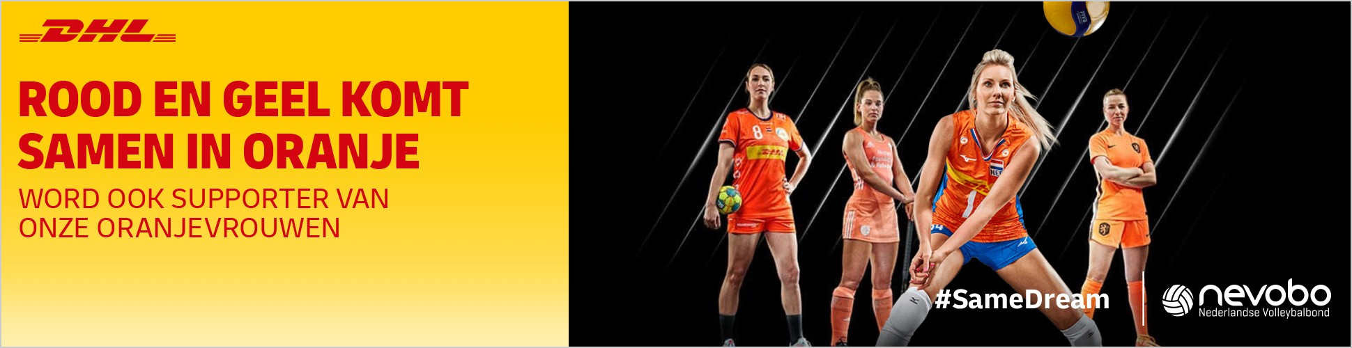 Frame 2: Word ook supporter van onze Oranjevrouwen, logo Nevobo