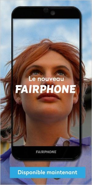 Fairphone FR 300×600, statisch backupbeeld: Le nouveau Fairphone, Disponible maintenant