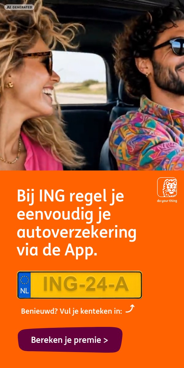 300×600: Bij ING regel je eenvoudig je autoverzekering via de App., de lege kentekenplaat en de knop Bereken je premie