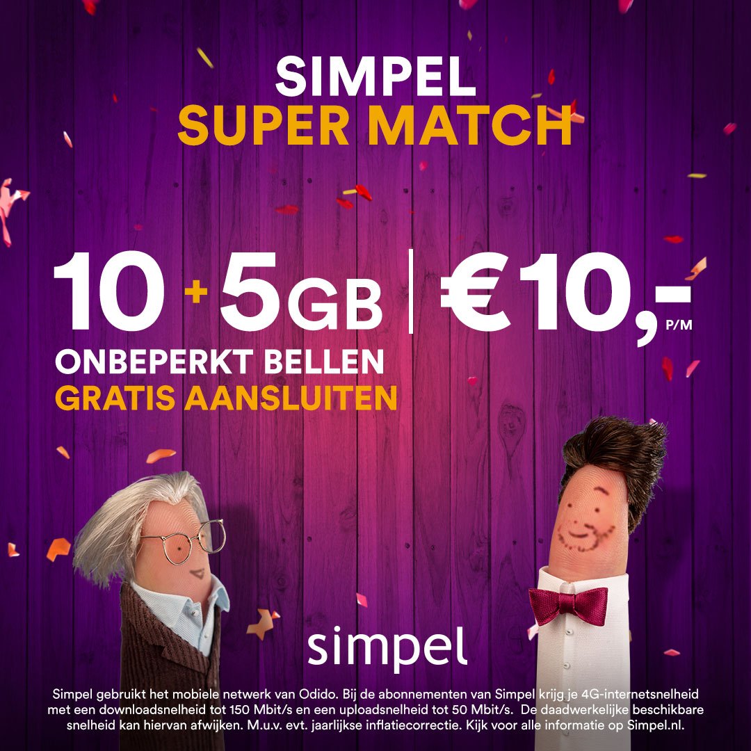 Post voor X: Simpel Super Match, 10 + 5GB voor €10,- met de twee poppetjes