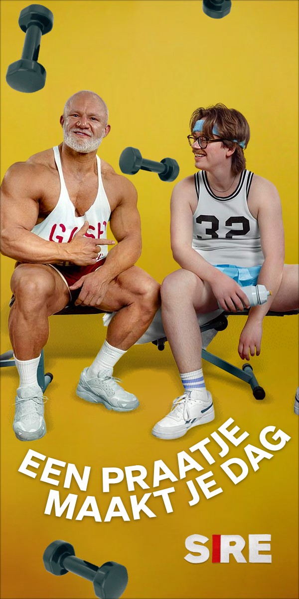 300×600: een bodybuilder en een jongen op een trainingsbank, met de slogan