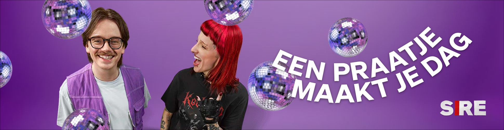 970×250: twee mensen tussen discoballen, met de slogan