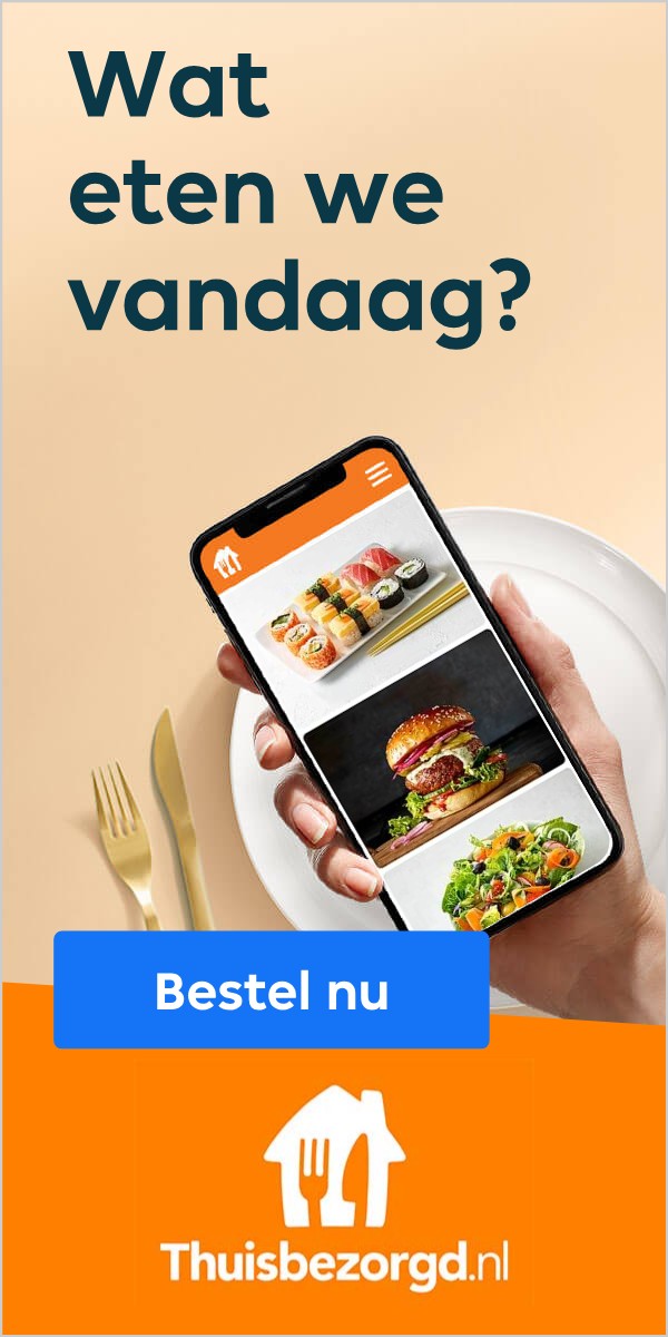 Sushi, burger en salade op het scherm
