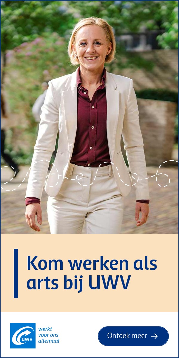Banner op 13 seconden: Kom werken als arts bij UWV, knop Ontdek meer
