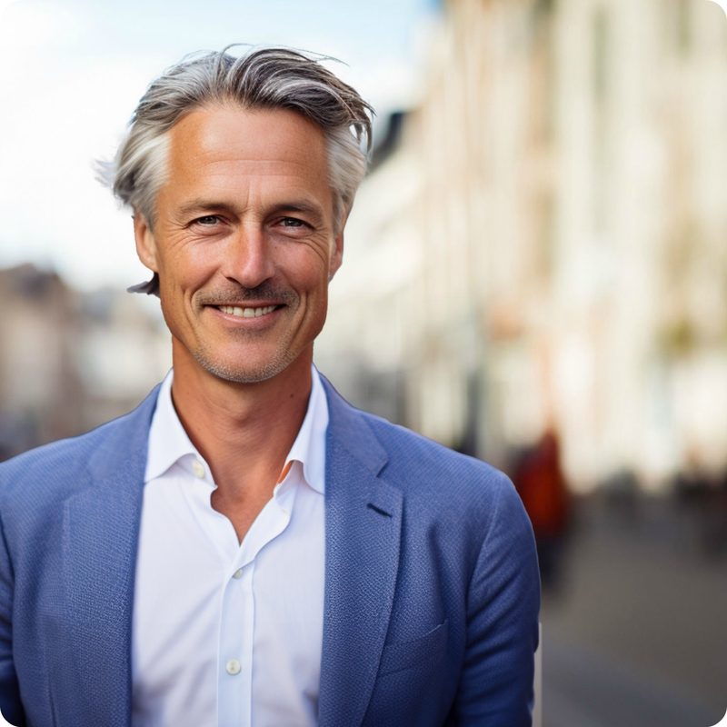 Portret van een man met grijs haar in een blauw colbert