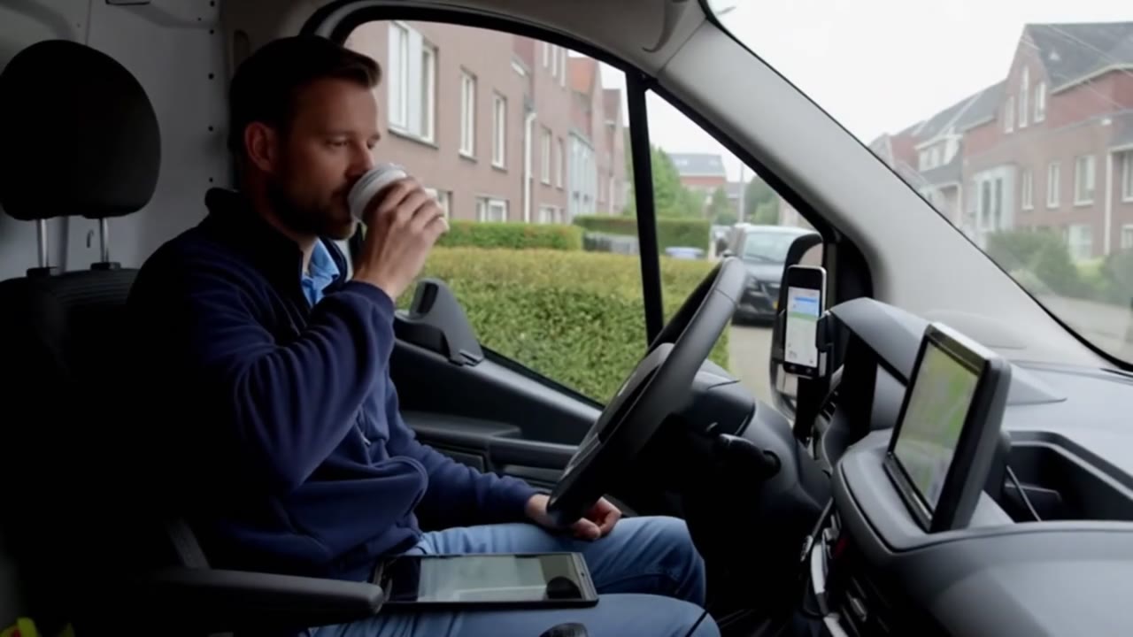 De monteur drinkt koffie in zijn bus