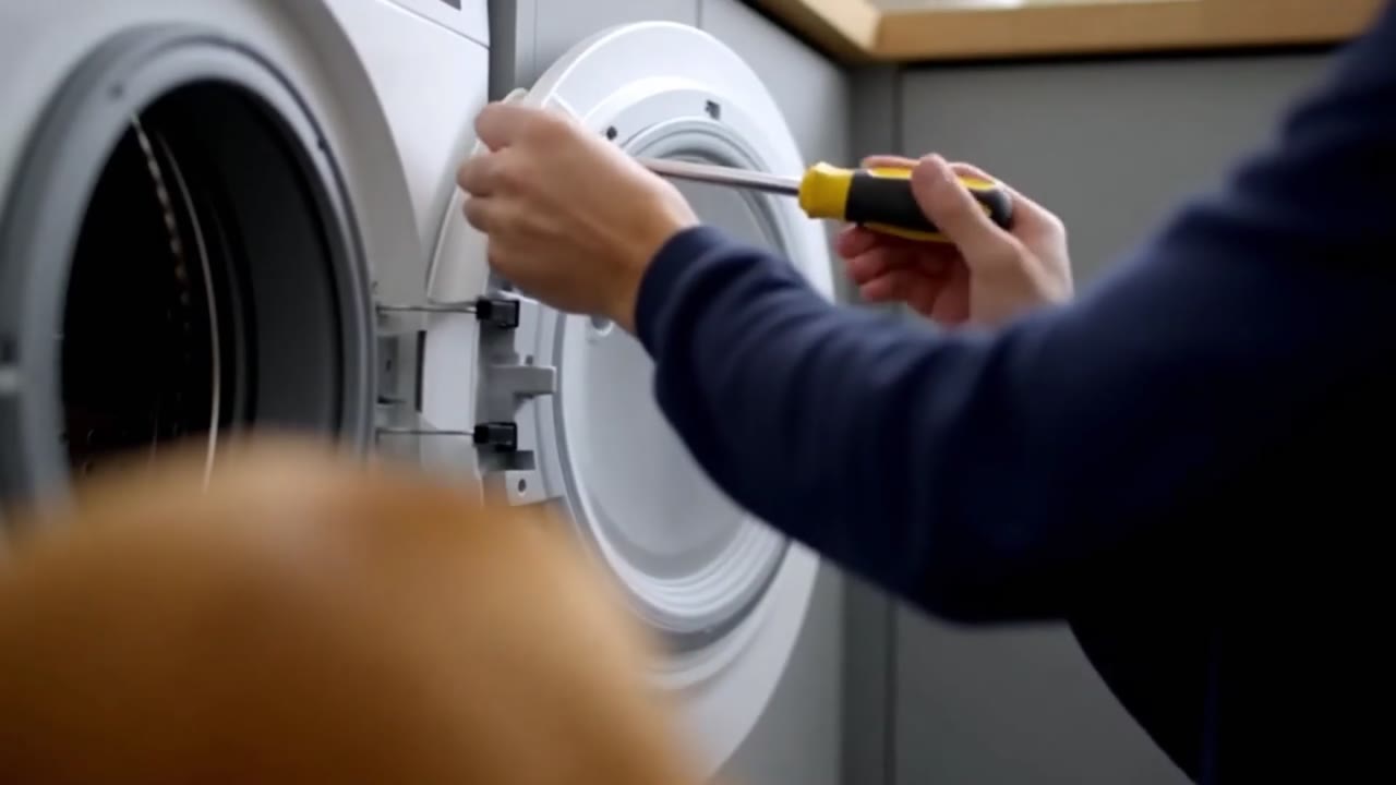 De monteur schroeft de deur van de wasmachine los
