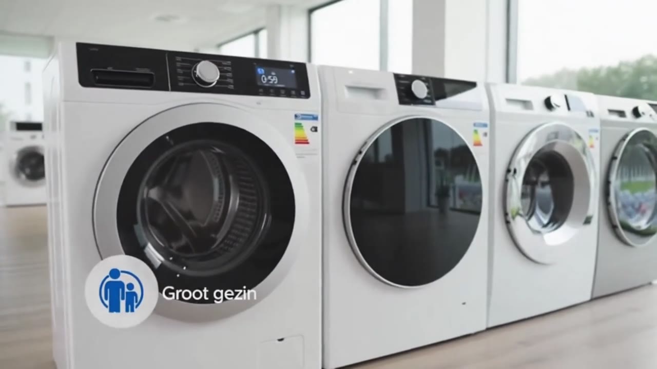 Een rij wasmachines met het pictogram Groot gezin