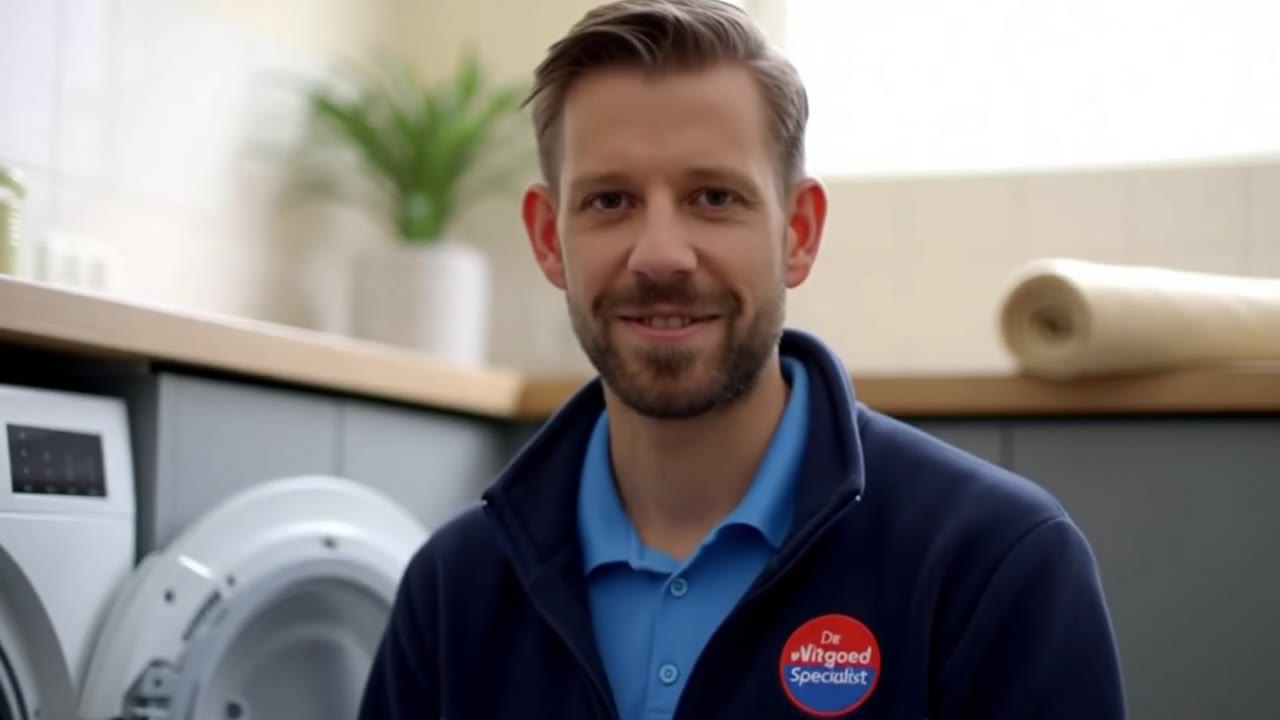 De monteur lacht in de camera, met het logo op zijn shirt