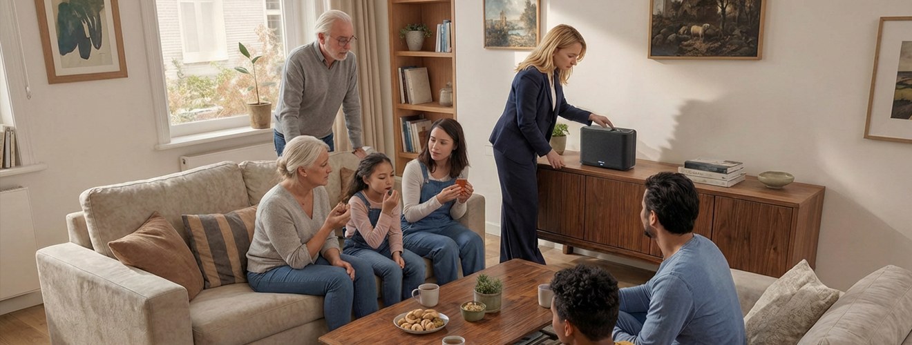 Het gezin op de bank, een vrouw zet de speaker aan