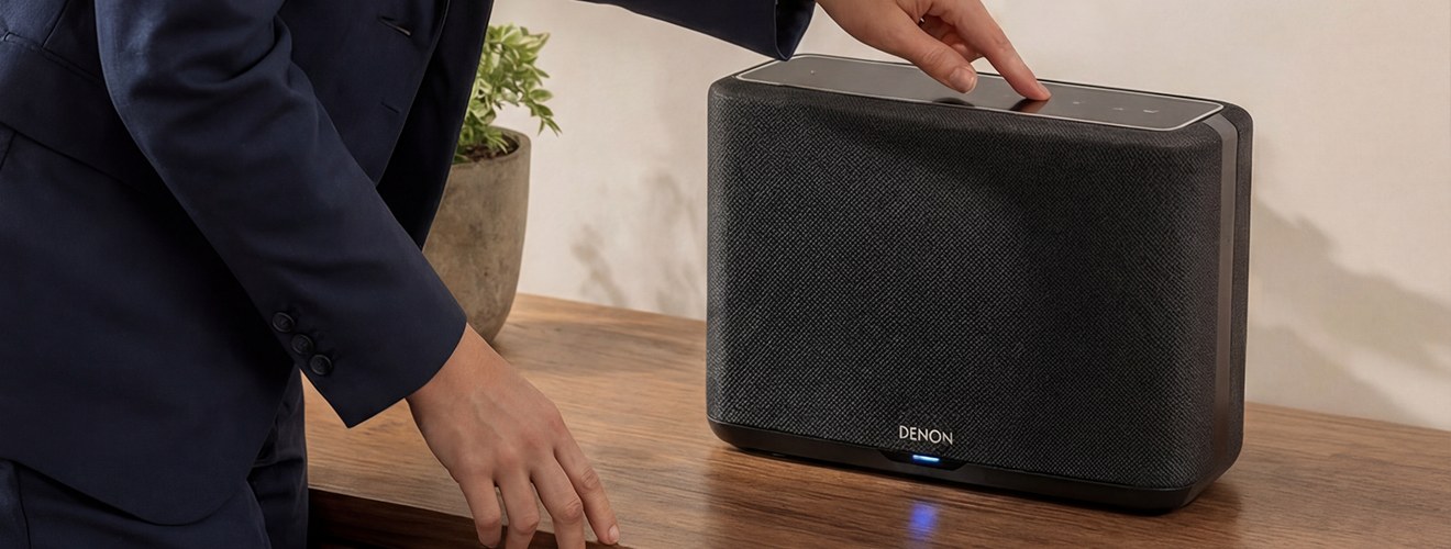 Een hand op de speaker