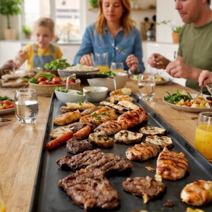 Close-up van de tafelgrill met vlees en groenten