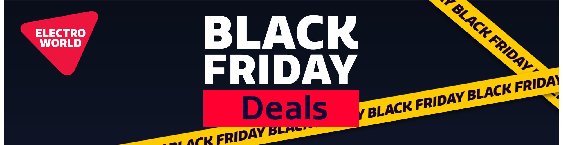 Header 970×250 op 2,5 seconden: twee gele linten, BLACK FRIDAY Deals en het Electro World-logo